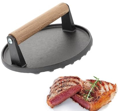Cast Iron Burger Press 17.5cm – Heavy-Duty Smash Burger Press with Wooden Handle, Pre-Seasoned Round Meat Press for BBQ, Bacon, Steak, Grill or Skillet Cooking