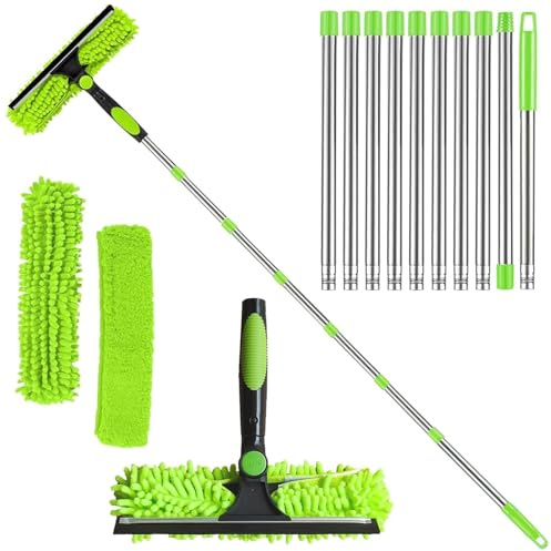 4.5M Window Cleaning Kit,Window Squeegee Cleaning Equipment, Extra Long 2-in-1 Extendable Window Cleaning Equipment with Microfiber Cloth Squeegee Strips for High Windows, Walls & Cars (Green)