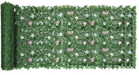 Rollo de seto artificial decorativo con flores artificiales, 300 cm x 100 cm, pantalla de privacidad de hiedra artificial, protección UV y antidecoloración for pared, balcón, jardín, interior y exteri