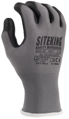 SITE KING PU Palm Work Gloves 12 Pairs, Safety Grip Gloves for Builders | Safety Gloves for Precision Tasks, Construction, Warehouse & Gardening – Grey L