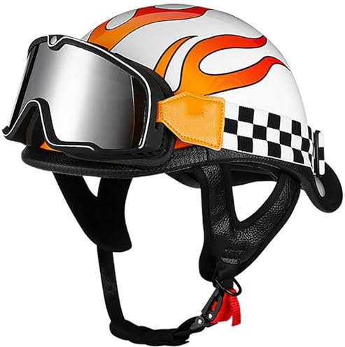 Vintage Caschi Jet Casco Scooter Per Uomo E Donna Adulto, Casco Aperto Moto Mezzo Casco Con Occhiali, Retro Demi-Jet Casco Da Moto Casco A Scodella Omologato DOT/ECE 2,XL=61-62CM