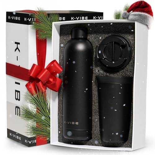 Thermobecher 350ml & Edelstahlflasche Geschenkset | Thermo-Kaffee-Becher mit Quick-Press Deckel | rutschfester Boden, BPA-freier Isolierbecher Coffee-Cup to Go | Für Büro, Uni & Alltag | K-VIBE