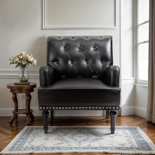 Fiximaster Fauteuil lounge en cuir synthétique - Fauteuil rembourré classique avec accoudoirs et pieds en bois - Élégant canapé simple pour le salon - Charge maximale : 150 kg - Noir