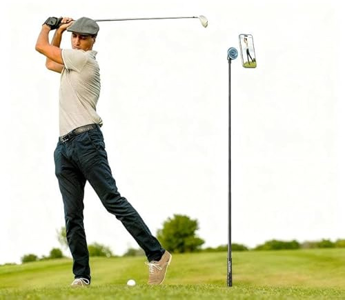 Einbeinstativ und Stativ Selfie-Stick zum Aufnehmen von Golf-Schwungtrainingshilfen mit Bodenspitzeinsatz & Adapter für Gopro & 1/4-Schraube, Magnetischer Golf-Handyhalter kompatibel mit iPhone
