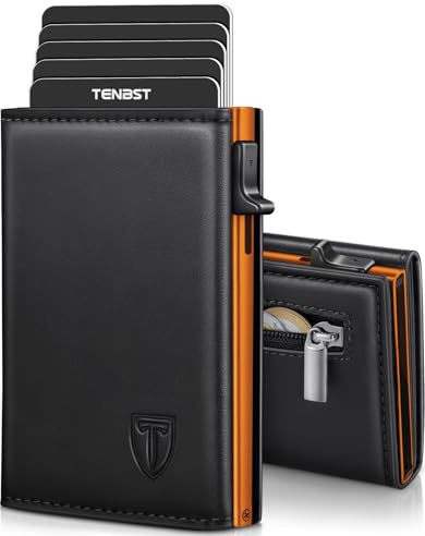 TENBST Geldbörse Herren mit Münzfach, Hochwertiges Kartenetui Herren, RFID Geschützter Geldbeutel, Slim Portemonnaie für 8 Karten，Geschenke zum Vatertag - Orange-Schwarz