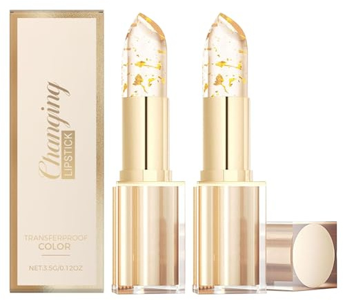 Colour Changing Lipstick, 2Pcs Temperature Color Change Clear Lip Stick, Long Lasting Moisturizing Lip Balm, PH Adjusting Glossy Shine Lip Gloss with Gold Foil - Jelly Lip Stain Makeup Set for Women