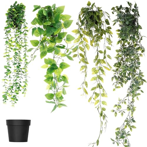 PCXWTLN Artificial Hanging Plant, 4 Pack Fake Eucalyptus Plants with Pots Greenery Fake Datura Pea Pothos Plant for Home Office Garden Indoor Outdoor Decoration