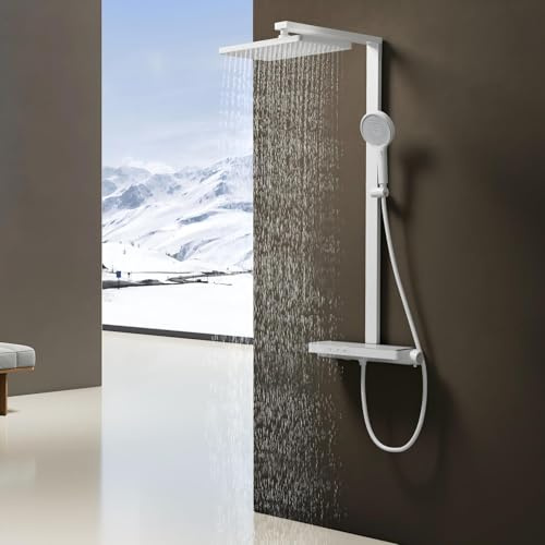 EMKE Duschsystem mit Thermostat, 36x24cm Regendusche mit Armatur, Weiß | 40 cm Glasablage, 3 Strahlarten, Handbrause 4 Strahlarten, höhenverstellbare Handbrause, mattes Design, für Badezimmer