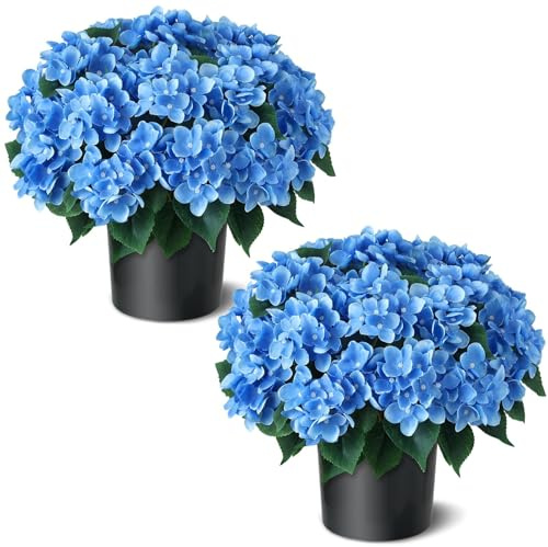 FOTEEWL Artificial Hydrangea Flower Topiary Trees - 2 Sets Faux Silk Flower Potted Plant, UV Resistant Fake Outdoor Hydrangea Bush for Front Door, Farmhouse,Garden, Porch Decor (Blue)