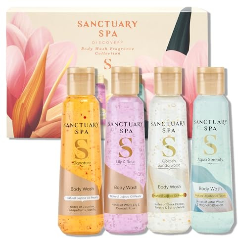 Sanctuary Spa Body Wash Gift Set, Discovery Collection of 4 Travel‑Size Body Washes (Aqua Serenity, Golden Sandalwood, Lily & Rose, Signature), Vegan, 95% Natural, Cruelty Free, 300ml