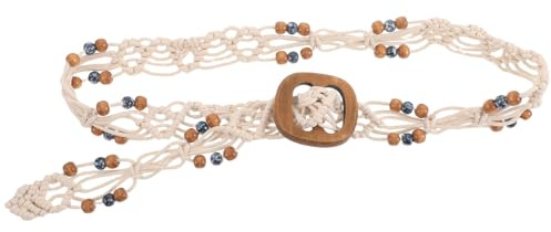 TOGEVAL Cintura Boho da Donna in Corda di Cera Intrecciata con Perline di Legno e Fibbia Quadrata in Legno Regolabile Cintura Decorativa Stile Etnico per Outfit Casual e Vacanze per Abiti