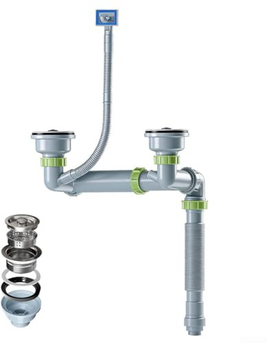 Caswynlife Kit di scarico per lavello da cucina con design salvaspazio a doppia vasca, acciaio inossidabile 304 e PVC ispessito, facile da installare con trappola anti-odore (doppia)