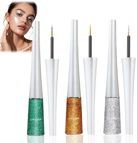 3 Stück Bunter Glitzer Eyeliner Flüssiger Schimmer Eyeliner Wasserfest Wischfester & Wasserfester Metallischer Eyelinerstift Hochpigmentierter Kajastift Langlebig Glitter Augen Make Up