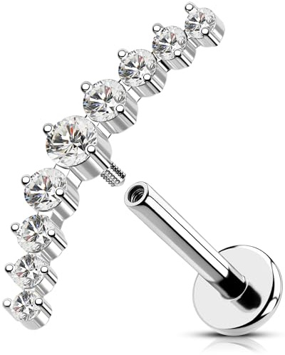 OUFER Pendiente de caracola de titanio G23 de oro de 16 g, piercing de cartílago con rosca interna, joyería curvada de circonita cúbica transparente, aretes de tuerca plana para mujer, 6/8 mm