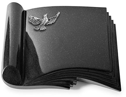 MEMORUM Grabmale Grabbuch, Grabplatte, Grabstein, Grabkissen, Urnengrabstein, Liegegrabstein Modell Prestige 40 x 30 x 8-9 cm Indisch-Black-Granit, poliert inkl. Gravur (Aluminium-Ornament Taube)