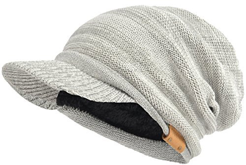 Herren Dame Dick Vlies Gefütterte Strickmützen Stricken Slouch Mütze Mit Visier (Blass/Grau)