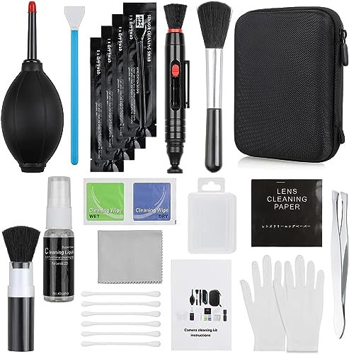 Professional Camera Cleaning Kit with Blowing Bottle, Cleaning Solution, Lens Cleaning PEN, Cleaning Brush, Cleaning Swabs, Cleaning Cloth, Gloves in a Storage Box