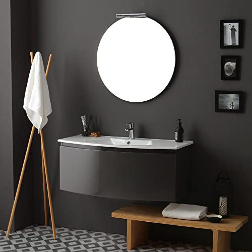 Kiamami Valentina - Mobile Bagno Sospeso Curvo | 102 CM Grigio Ardesia Lucido | Specchio Tondo LED | Lavabo Ceramica | Design Moderno, Antracite Lucido, 102 CM + Specchio Tondo, Legno Ingegnerizzato