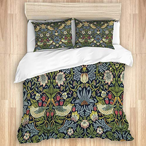 PONIKUCY bedding Duvet Cover Set,strawberry thief indigo vintage art by william morris,Microfibre Duvet Cover Set 230 * 220cm with 2 Pillowcase 50X80cm