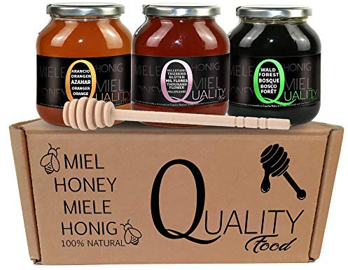 Miel d'abeille 100% pur. Miel cru sans pasteurisation ni chauffage. Pack cadeau et dégustation 3x500g. Bocal en verre. Origine Espagne.