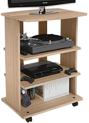 BAKAJI Mueble de TV de Madera MDF con 3 estantes para Consolas Videojuegos DVD y 4 Ruedas, Mueble para televisión, diseño Moderno, tamaño 60 x 45 x 80,5 cm (Roble)