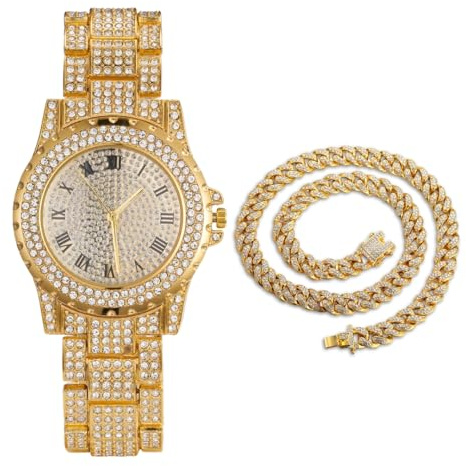 Halukakah Diamanter guldklocka iced out, män 18k äkta guld/platina vitguld pläterad 39 mm bred rund urtavla kvarts 22,5 cm, kubansk länkkedja 20 cm armband/45 cm halsband, med presentförpackning, 18