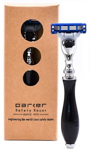 Parker Safety Razor Deluxe Gillette Mach 3 kompatibler Rasierer für eine gründliche Rasur - Premium schwarzer Harzgriff mit Chrom-Rand
