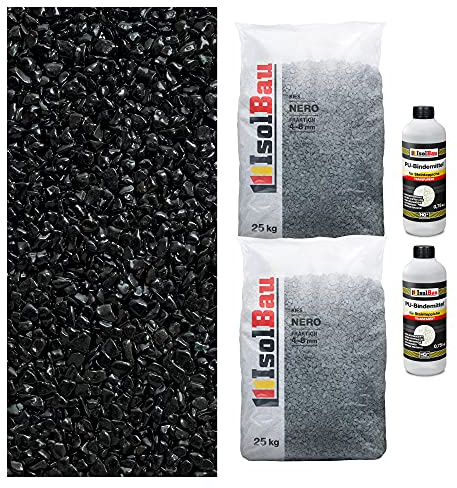 Isolbau Steinteppich Aussen Komplettset Marmorkies 50kg + Bindemittel bis 5m² Nero 4/8mm Epoxidharz, Terassenboden, Natursteinboden Marmorkies Bodenbelag, Steinboden, Marmorstein, Innen Außen