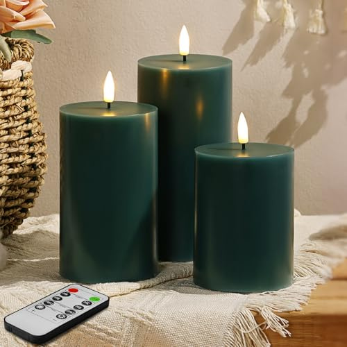 Eywamage grön flamlös pelarljus med fjärrkontroll, flimrande batteridrivna LED-vaxljus Φ 7,6 cm H 10,16 cm 12,7 cm 6 tum
