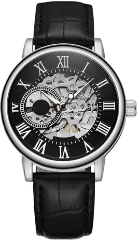 RORIOS Orologio Uomo Orologio Meccanico Automatico Luminoso Pointer con Cinturino in Pelle Scheletro Orologio da Polso