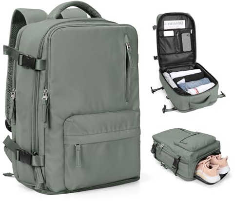 SZLX Stor Reseryggsäck För Damer Herr Kabinväskor För Ryanair Easyjet Handbagageväska Under Sätet Handbagage Reseryggsäck Kabinstorlek Flygryggsäck Fit 14-tums Bärbar Dator Med Skofack Mörkgrön