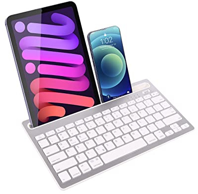 Justdfine Clavier sans Fil Clavier Bluetooth Tablette Mini Silencieux Clavier sans Fil Rechargeable Clavier pour Windows, Android, iOS, Smartphone, Compatible PC (Argent)