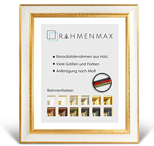 RahmenMax® Barock Bilderrahmen 50x60 cm Glarus zum Aufhängen/Vintage Bilderrahmen Maßanfertigung möglich/Posterrahmen aus Holz/Bilder Rahmen in Weiß-Gold mit Acrylglas/Puzzle Rahmen