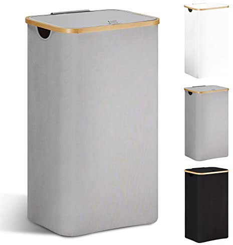 YOUDENOVA Wäschekorb mit Deckel 85L Wäschesammler schmal mit Wäschesack Groß faltbarer Wäschesortierer Holz Bambus Wäschetruhe hoch Laundry Baskets, Grau