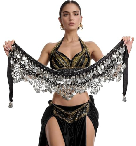 Nimiman Cinturón Triangular para Danza del Vientre para Mujer con Monedas Doradas, Faldas envolventes para Disfraz de Danza, Negro-Plata, Talla única