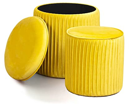 Norbe | TIK-TAK Set 2 Pouf Contenitore Velluto | Poggiapiedi Salotto | Cilindro Impilabile | Sgabello a Coste Camera da Letto | Giallo