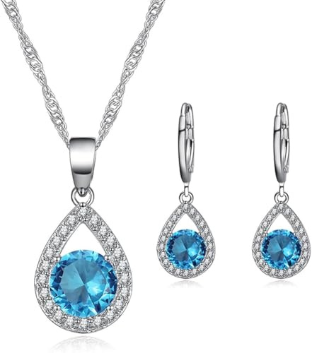 TOEECY Tropfen Zirkonia Schmuckset Halskette Ohrringe Anhänger Kette Damen Silber Glänzend Elegant Hochwertig Klassisch