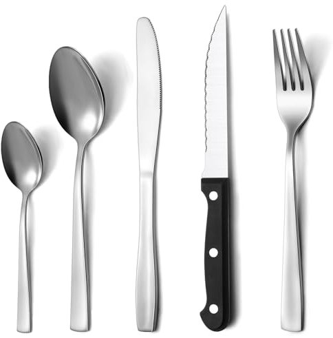 Pleafind Besteck Set, 30 Teilig Besteck für 6 Personen, Hochwertiges Besteckset aus Edelstahl, Besteck Set mit Steakmesser, Hochglanzpoliert, Ergonomisches Design, Spülmaschinenfest