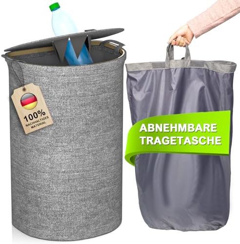 Toffos Pfandflaschen Sammelbehälter mit Deckel und Tragetasche, Groß Ideale Pfandflaschen Aufbewahrung Pfandbehälter Mit Loch für Küche und Lagerraum, Flaschentasche, Grau (Halbkreis 105L)