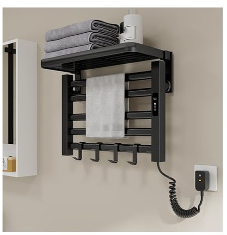 Portasciugamani Riscaldato Elettrico Con Ripiano Superiore, Scaldasalviette Elettrico a Parete Con 4 Ganci, Termoarredo Elettrico Bagno con Regolazione Temperatura Timer,Nero