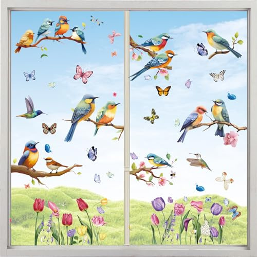 Fensterbilder Frühling,9 Stück Blätter Fensterbilder Selbstklebend,Fenstersticker,mit Blumen Vogel Schmetterling,Aufkleber Fenstersticker,für Frühling Deko Fenster Kinderzimmer