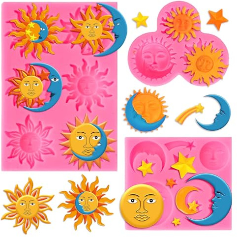 Whaline 3 Packs Sun Moon Face Star Fondant Molds Ramadan Eid Mubarak Silicone Molds Chocolate Candy Mould for Kitchen Party Baking Sugar Craft Gum Resin Clay Family Gathering Decor Supplies