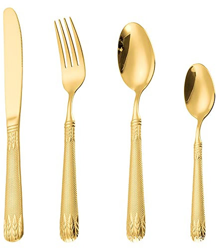 Ensemble de couverts en acier inoxydable 24 pièces pour couteaux à steak à 6 manches, fourchettes, couverts dorés, lavable au lave-vaisselle, finition miroir (doré 12 pièces) (doré 28 pièces)