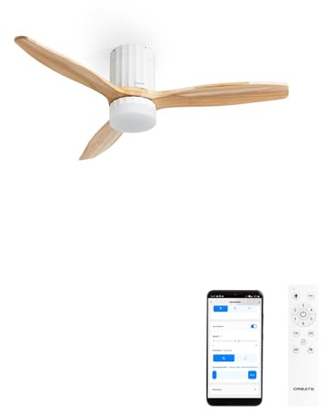 CREATE / WINDCALM LINE/Ventilador de techo con luz blanco madera natural y líneas verticales con Wifi y mando / 40W, Ø132 cm, 6 velocidades, 3 temperaturas de luz, temporizador, verano-invierno