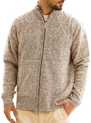 Hommes Cardigan Veste en Maille Grosse Tricoté avec Col Debout Décontractée Ouvrez-Front Zippé Gilet Automne Hiver Chaud Pulls en Sweat