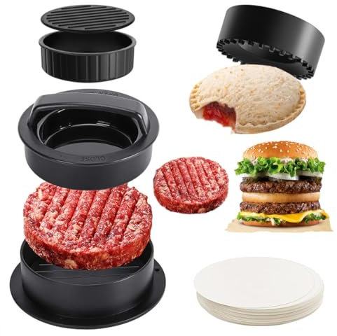 ZMREN Prensa de Hamburguesas 4 en 1, Antiadherente Molde Hamburguesa + 100 Hojas de Papel, Herramienta Multifuncional para Hacer Hamburguesas, Prensar Carne Empanadas