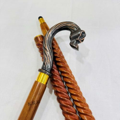 Handgefertigter Gehstock mit Totenkopf-Griff, Vintage-Stil, antikes Holz, Geschenk (3-fach gefalteter Gehstock aus Holz)