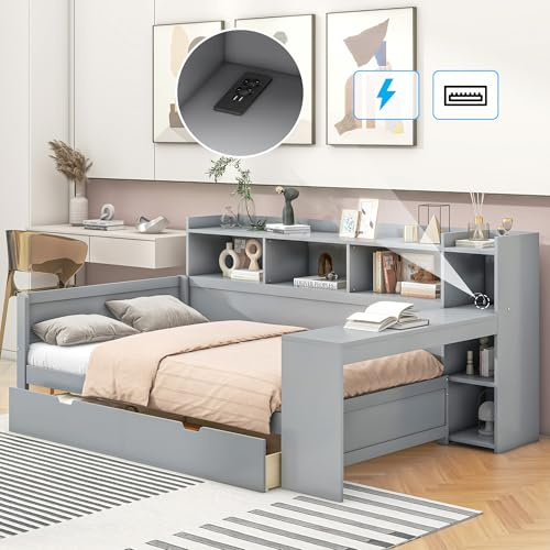 KUAKE Schlafsofa, Daybett, Tagesbett 90 x 200 cm, Nachttischablage und Untertischablage, Bett mit Steckdose und USB-Anschluss, 2 Schubladen, Schreibtisch, ohne Matratze (Grau)