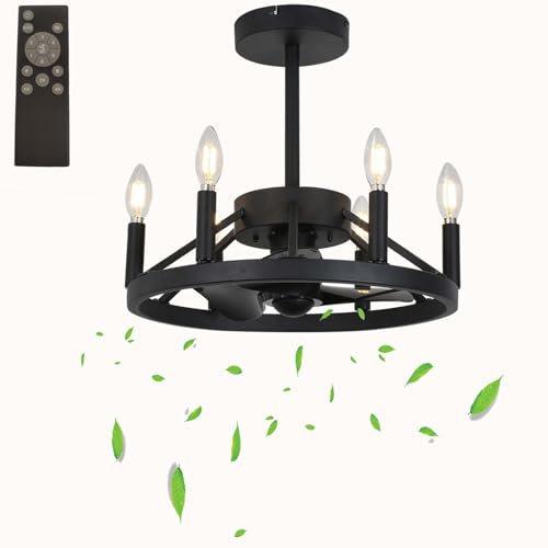 Dobecd Retro Ceiling Fan Light 43CM E12 Bulb Ceiling Light Fan Dc Motor Reversible Fan Lights for Kitchen Bedroom Quiet Ceiling Fans with Lights and Remote Black Timer 6 Speed