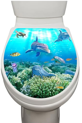 Toilettenaufkleber Toilettensitz Deckel Selbstklebend Wasserdichte PVC | Kreative Unterwasserwelt Stickers,Delfine WC-Sitz Aufkleber,Oval Form Größe 35X40cm